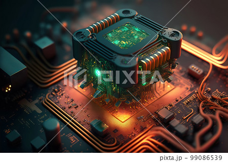 Motherboard with electronic circuits and CPU with glowing neon structures. Abstract cybernetic technologies. Generative AI illustration 99086539