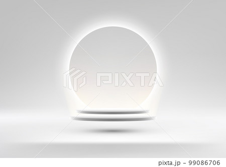 3D realistic empty white cylinder podium pedestal stand floating in the air with glowing neon light circle backdrop 3D realistic empty white cylinder podium pedestal stand floating in the air with glowing neon light circle backdrop 99086706