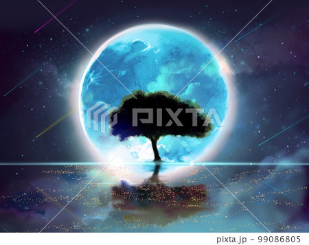 水面に浮かぶ大きな青い満月に照らされた大樹の影のシルエットのファンタジー風景背景イラスト 99086805