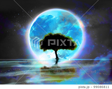水面に浮かぶ大きな青い満月に照らされた大樹の影のシルエットのファンタジー風景背景イラスト 99086811