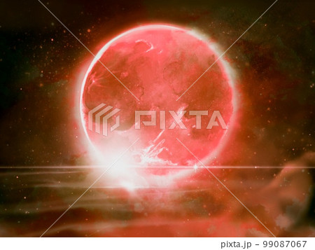 波打ち際に沈む大きな赤い怪しい満月のファンタジー背景イラストレーション 波打ち際に沈む大きな赤い怪しい満月のファンタジー背景イラストレーション 99087067