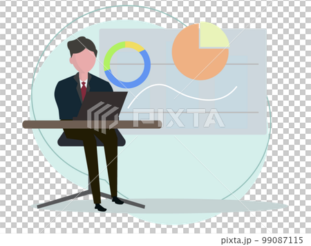 A businessman who analyzes a computer and a graph. Management strategy, sales, desk work. vector illustration A businessman who analyzes a computer and a graph. Management strategy, sales, desk work. vector illustration 99087115
