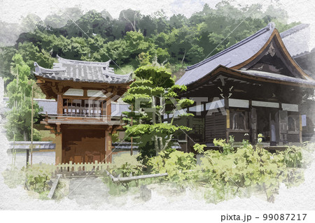 水彩画風　岡寺　楼門と開山堂　奈良県明日香村 99087217
