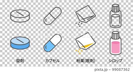 Types of medicine, tablets, capsules, powders, syrups vector illustration icon material color line drawing 99087362