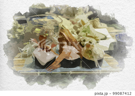 水彩画風　たまの湯　手毬寿司　岡山県玉野市 99087412