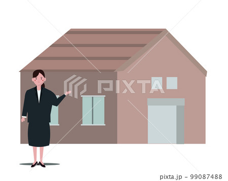家の物件を紹介するビジネスウーマン。住宅内見会。ベクターイラスト	 99087488
