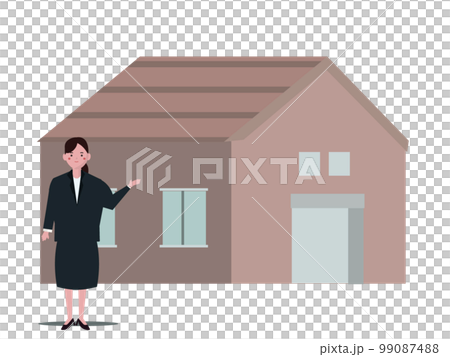 家の物件を紹介するビジネスウーマン。住宅内見会。ベクターイラスト	 99087488