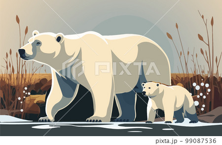 The white bear and her cub bear walks through the snow. Mother and child. The glacier, snow-covered plains. Starry night in the North. Landscapes of the Arctic. Vector illustration The white bear and her cub bear walks through the snow. Mother and child. The glacier, snow-covered plains. Starry night in the North. Landscapes of the Arctic. Vector illustration 99087536