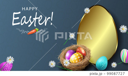 Easter billboard, eggs in a nest, flowers and an oval frame in gold color 99087727