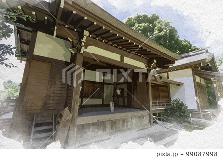 水彩画風　飛鳥坐神社　神楽殿と西良殿　奈良県明日香村 99087998