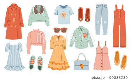 Fashion clothes set. Different apparel collection. Modern casual dress, pants, jeans, shoes and bag. Flat graphic vector Fashion clothes set. Different apparel collection. Modern casual dress, pants, jeans, shoes and bag. Flat graphic vector 99088289