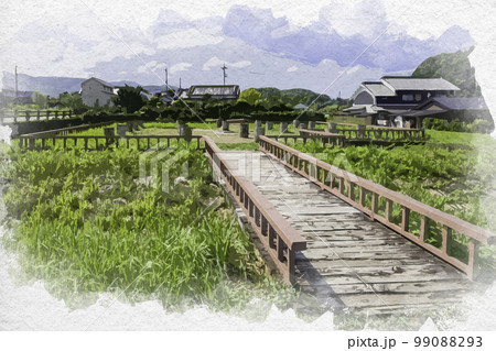 水彩画風　飛鳥水落遺跡　奈良県明日香村 99088293