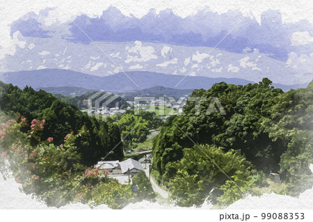 水彩画風 明日香の町並み 岡寺から望む 奈良県明日香村 水彩画風 明日香の町並み 岡寺から望む 奈良県明日香村 99088353
