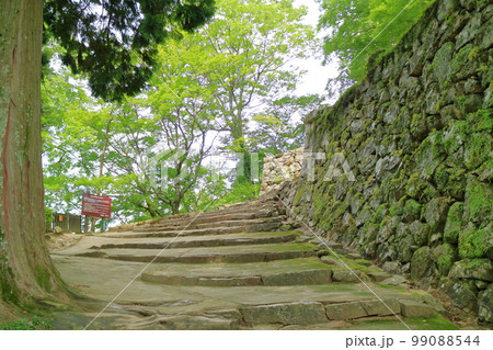 備中松山城　天守へ続く石段と石垣 99088544