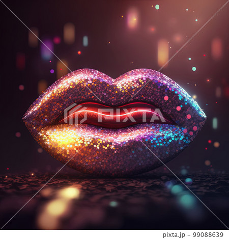 Abstract woman lips with glitter and sparkles. Love, valentine, kiss concept. Neon colors, light bokeh. AI 99088639