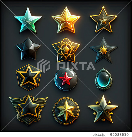 Set of star icons on black background, reward, level, ranking symbols. Star rate icon collection for game. AI Set of star icons on black background, reward, level, ranking symbols. Star rate icon collection for game. AI 99088650