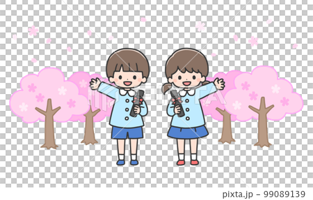 卒園式　桜の前に並んで立つ男の子と女の子 99089139