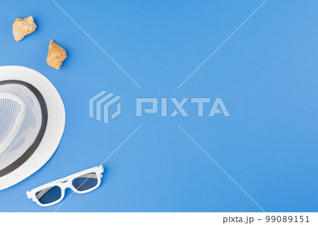 Seashells with beach hat and sunglasses. Seashells with beach hat and sunglasses. 99089151