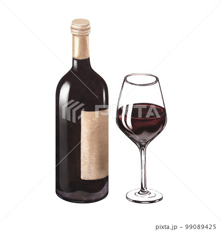 Watercolor illustration of the bottle and one glass of red wine. Picture of a alcoholic drink isolated on the white background. Concept for wine list, label, banner, menu, flyer, brochure template. 99089425