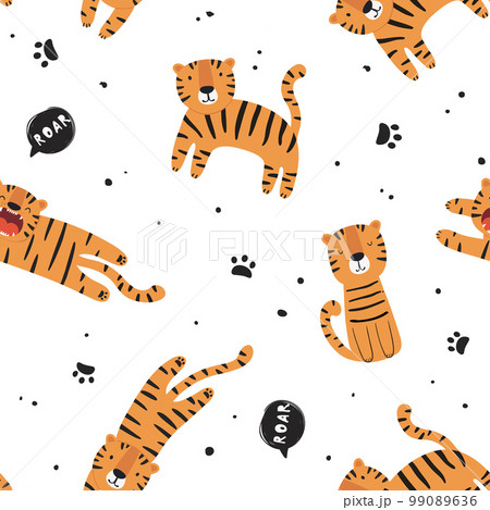 Seamless pattern with cute tiger. Vector illustration in flat style. 99089636