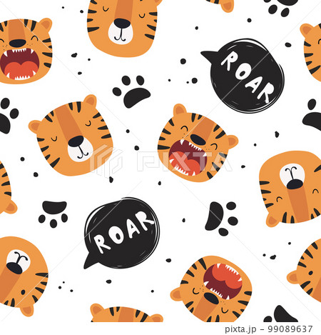 Seamless pattern with face of cute tiger. Vector illustration in flat style. 99089637