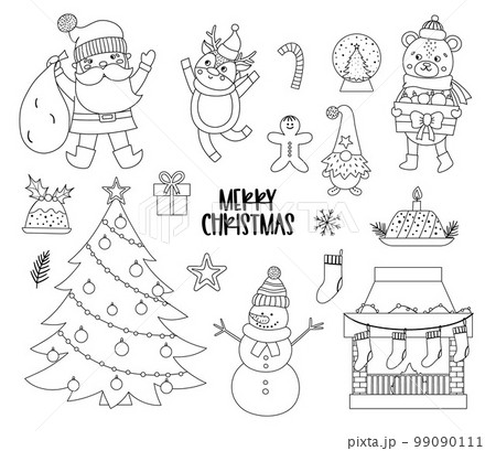 Vector set of black and white Christmas elements with Santa Claus, deer, fir tree, presents isolated on white background. Cute funny winter icons illustration for decorations or new year design. Vector set of black and white Christmas elements with Santa Claus, deer, fir tree, presents isolated on white background. Cute funny winter icons illustration for decorations or new year design. 99090111