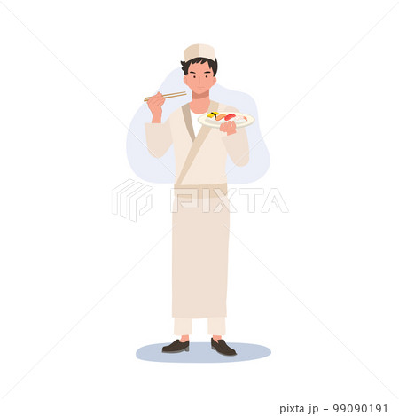 Male sushi chef is holding chopstick and a plate of varieties sushi.Flat vector illustration. 99090191