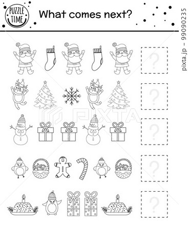 What comes next. Christmas black and white matching activity for preschool children with traditional holiday symbols. Funny educational game. Logical worksheet or coloring page. Continue the row. What comes next. Christmas black and white matching activity for preschool children with traditional holiday symbols. Funny educational game. Logical worksheet or coloring page. Continue the row. 99090235