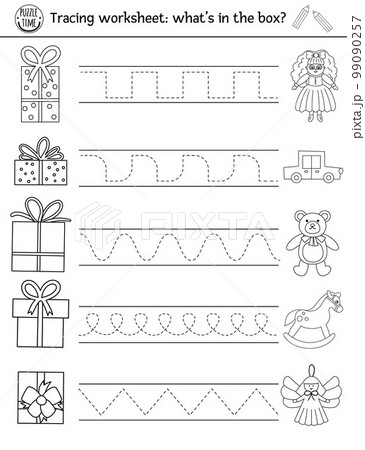 Vector Christmas handwriting practice worksheet. Winter printable black and white activity for pre-school children. Educational tracing game for writing skills with New Year presents Vector Christmas handwriting practice worksheet. Winter printable black and white activity for pre-school children. Educational tracing game for writing skills with New Year presents 99090257