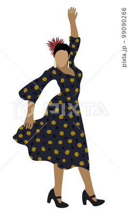 Woman with bright flower in her hair  dancing flamenco. Vector illustration isolated on white background. 99090266