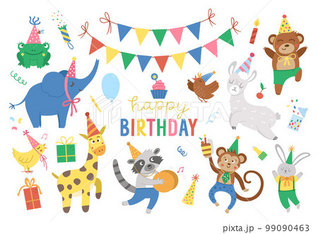 Set of cute cheerful animals in party hats. Birthday party celebration clipart collection. Vector holiday pack with bright present, cake with candles, balloon, flags. Happy anniversary design 99090463