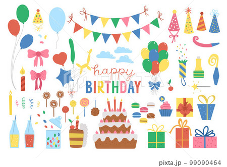 Set of cute Birthday design elements. Party celebration clipart collection. Vector holiday pack with bright presents, cake with candles, balloons, flags. Happy anniversary icons isolated on white 99090464