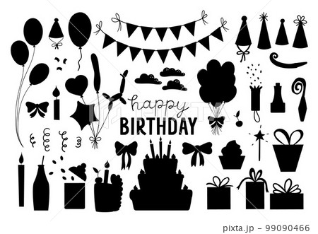 Set of cute Birthday silhouettes. Party celebration clipart collection. Vector holiday pack with black presents, cake with candles, balloons, flags. Happy anniversary icons isolated on white Set of cute Birthday silhouettes. Party celebration clipart collection. Vector holiday pack with black presents, cake with candles, balloons, flags. Happy anniversary icons isolated on white 99090466