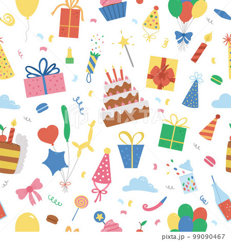 Vector seamless pattern with cute happy Birthday design elements. Party celebration repeating background. Vector holiday digital paper with bright presents, cake with candles, balloons, flags. Vector seamless pattern with cute happy Birthday design elements. Party celebration repeating background. Vector holiday digital paper with bright presents, cake with candles, balloons, flags. 99090467