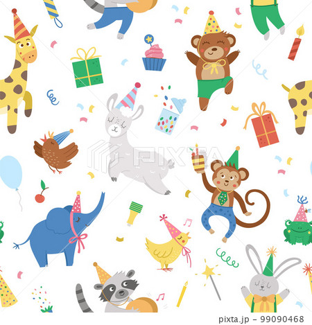 Vector seamless pattern with cheerful animals in party hats. Birthday party celebration repeating background. Vector holiday digital paper with bright present, cake with candles, balloon. Vector seamless pattern with cheerful animals in party hats. Birthday party celebration repeating background. Vector holiday digital paper with bright present, cake with candles, balloon. 99090468