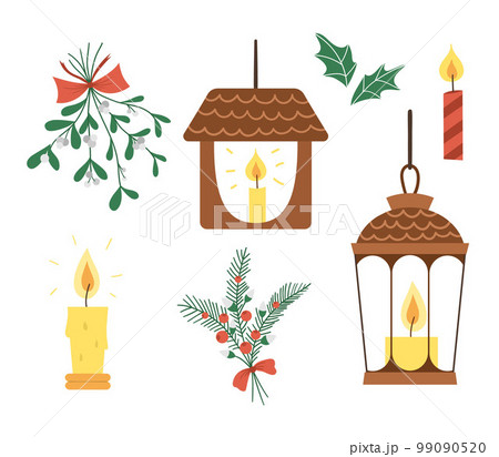 Vector set of lanterns with candles, holly leaves and mistletoe bunch isolated on white background. Cute funny illustration of new year symbol. Christmas flat style lights for decorations. 99090520