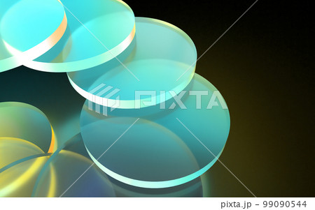 暗闇の中で虹色に輝くガラス板の3Dイラストレーション	 99090544