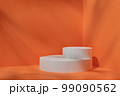 Minimal stage for a modern product display on a white podium cilinre on an orange background. 99090562