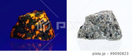 Sodalite-syenite under daylight and UV light Sodalite-syenite under daylight and UV light 99090823