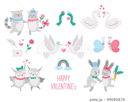 Vector collection of cute animal pairs. Loving couples illustration. Love relationship or family concepts set. Hugging swans, cats, rabbits, owls, doves, caterpillars. Valentines day characters Vector collection of cute animal pairs. Loving couples illustration. Love relationship or family concepts set. Hugging swans, cats, rabbits, owls, doves, caterpillars. Valentines day characters 99090879