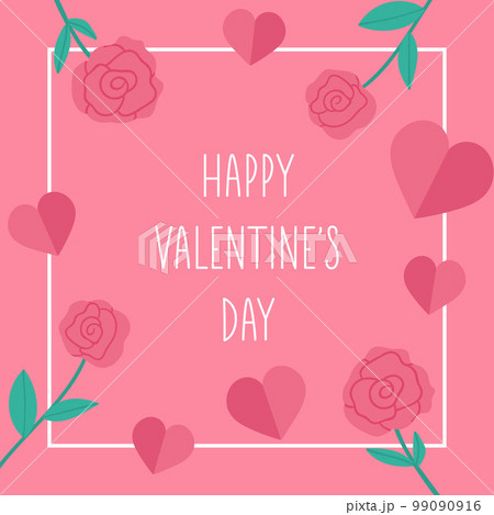 Valentines day square greeting card template with cute roses and hearts. Love holiday poster or invitation for kids. Bright pink frame illustration with traditional symbols. 99090916
