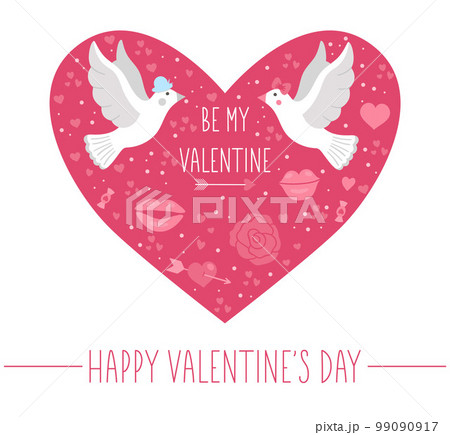 Valentines day greeting card template with cute doves, flowers, lips. Love holiday poster or invitation for kids in heart shape. Bright pink frame illustration with traditional symbols. 99090917