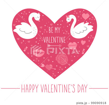 Valentines day greeting card template with cute swans, flowers, lips. Love holiday poster or invitation for kids in heart shape. Bright pink frame illustration with traditional symbols. 99090918