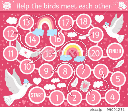 Saint Valentine day board game for children with cute doves. Educational holiday boardgame with bird, rainbow, heart. Romantic activity with love theme. Printable worksheet on pink background. Saint Valentine day board game for children with cute doves. Educational holiday boardgame with bird, rainbow, heart. Romantic activity with love theme. Printable worksheet on pink background. 99091231