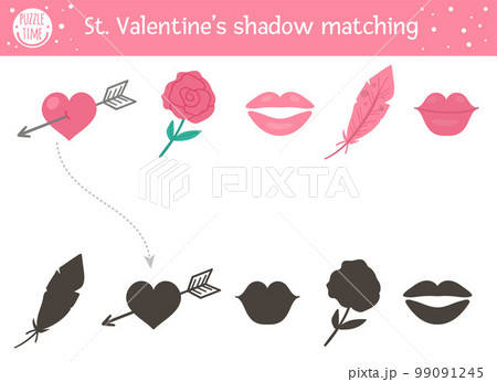 Saint valentine day shadow matching activity for children. Fun puzzle with cute holiday symbols. Educational game for kids with love theme. Find the correct silhouette printable worksheet. 99091245