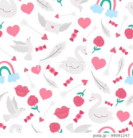 Vector seamless pattern with Saint Valentines day symbols. Repeating background with cute letter, rose, hearts, feathers, dove, swan. Playful February holiday texture with love concept 99091247
