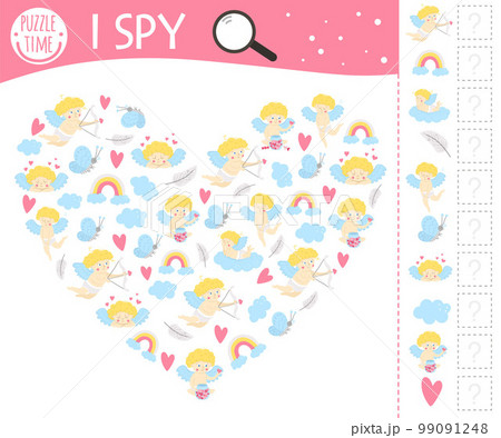 Saint Valentine day I spy game for kids. Searching and counting activity for preschool children with cute cupids. Funny party printable worksheet with love theme. Holiday heart shaped spotting 99091248