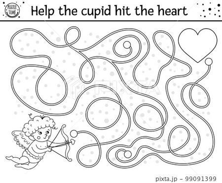 Saint Valentine day black and white maze for children. Holiday preschool printable activity. Funny game with cute boy. Romantic puzzle or coloring page with love theme. Help the cupid hit the heart 99091399