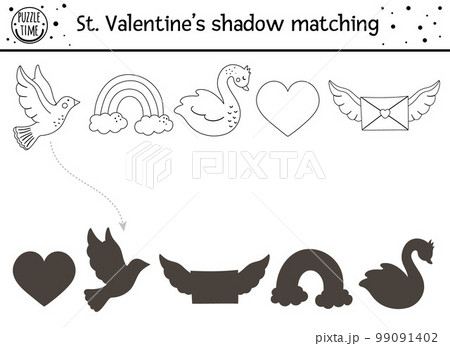 Saint valentine day black and white shadow matching activity for children. Fun outline puzzle with cute holiday symbols. Educational outline game with love theme. Find correct silhouette worksheet. 99091402