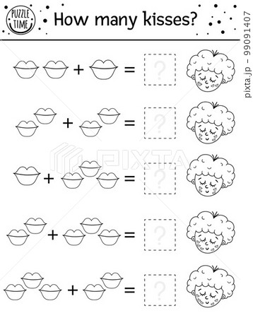 Saint Valentine day black and white counting game with kisses and cupid. Holiday activity for preschool children with love theme. Educational printable math worksheet. Addition outline puzzle Saint Valentine day black and white counting game with kisses and cupid. Holiday activity for preschool children with love theme. Educational printable math worksheet. Addition outline puzzle 99091407